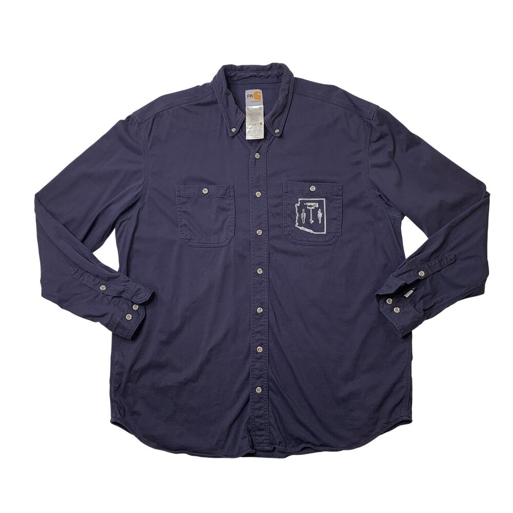 Carhartt FR Shirt Mens XL Navy Flame Resistant Twill Long Sleeve Work *LOGO
